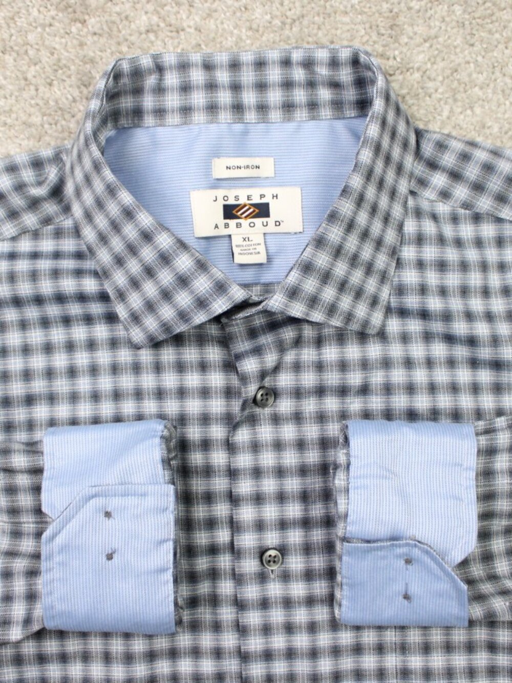 Joseph Abboud Shirt Mens XL Gray/Blue Non-Iron 100% Cotton Flip Cuff Long Sleeve